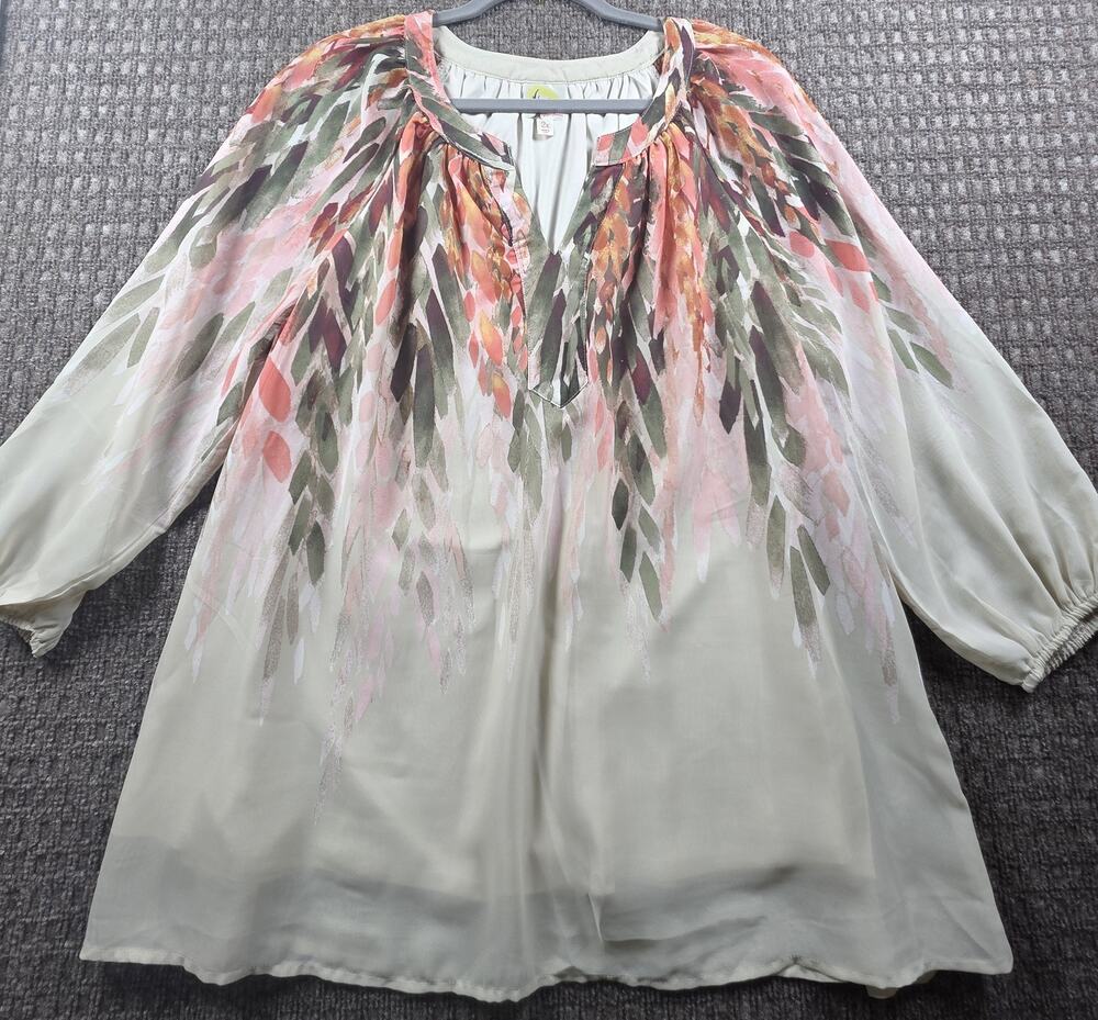 Fig & Flower Women's Watercolor Leaf Boho Blouse, Pink, Green & Cream: Size 2XL
